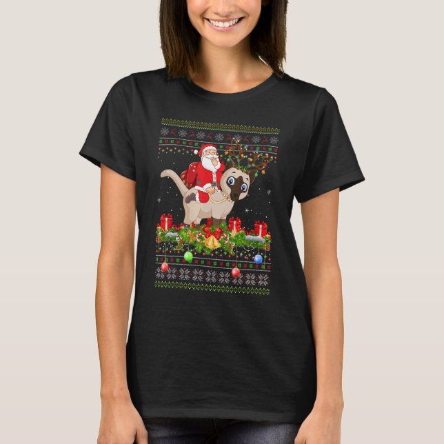 Siamese Cat  Ugly Santa Riding Siamese Cat Christm T-Shirt (Front)