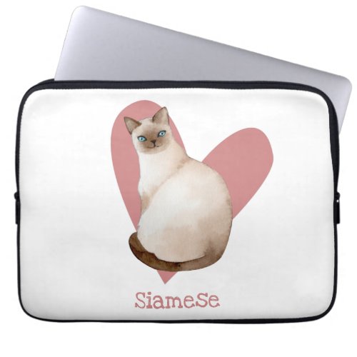 Siamese Cat Watercolor Kitty Pink Heart Laptop Sleeve