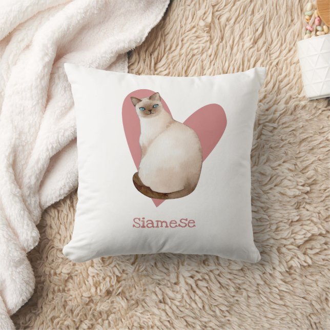 Siamese Cat Watercolor Kitty Pink Heart Throw Pillow (Blanket)