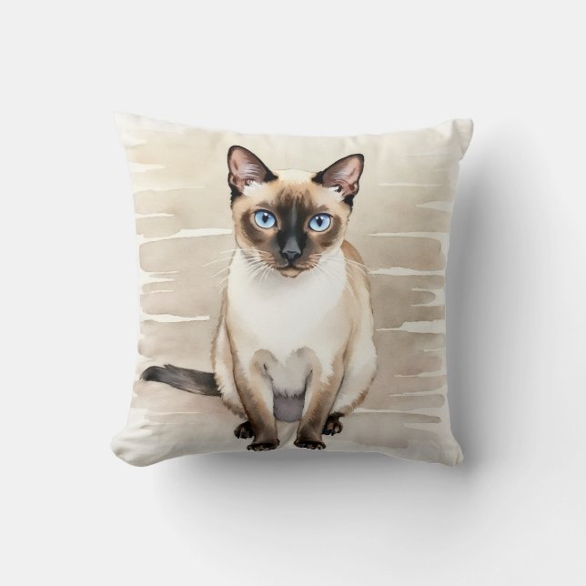 Siamese Cat Watercolor Linear Wave Art Throw Pillow (Front)