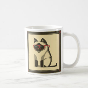 Siamese Cat Wearing Glasses Pixel Art Mug