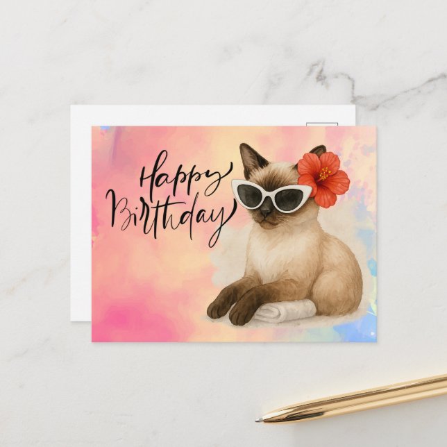 Siamese Cat wears Sunglasses Happy Birthday  Postcard (Front/Back In Situ)