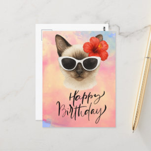 Siamese Cat wears Sunglasses Happy Birthday Postcard