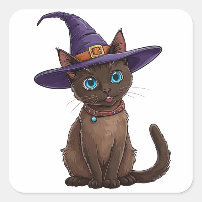 Siamese Cat Witch Hat Cute Halloween Pet Lovers Square Sticker (Front)