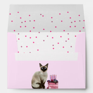 Siamese Cat with a Birthday Cake and Confetti Pink Envelope