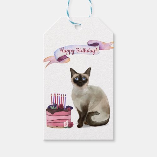 Siamese Cat with a Birthday Cake From the Cat Gift Tags