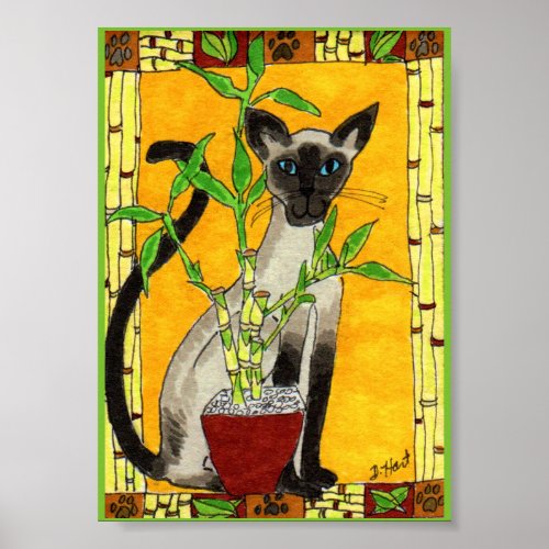 Siamese Cat with Bamboo Plant Mini Folk Art Poster