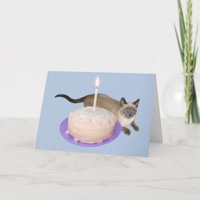 Siamese Cat with Birthday Cake Card (Front)