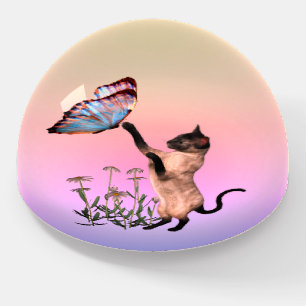 Siamese Cat With Blue Butterfly Animal Art Paperweight