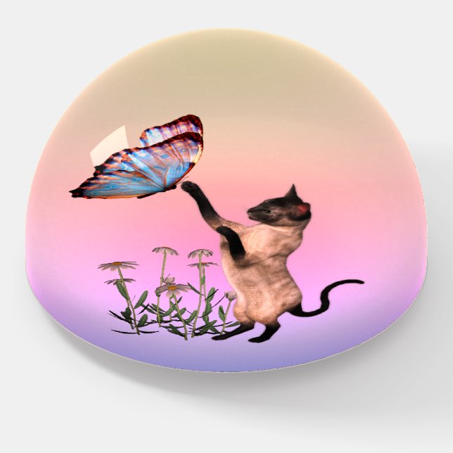 Siamese Cat With Blue Butterfly Animal Art Paperweight (Angled)