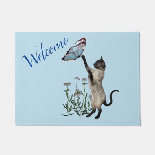 Siamese Cat With Blue Butterfly Animal   Doormat