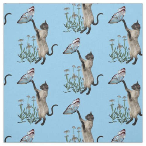 Siamese Cat With Blue Butterfly Animal Fabric