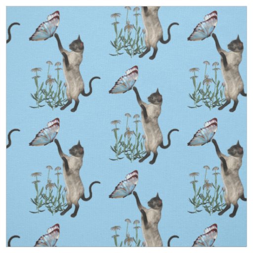 Siamese Cat With Blue Butterfly Animal Fabric