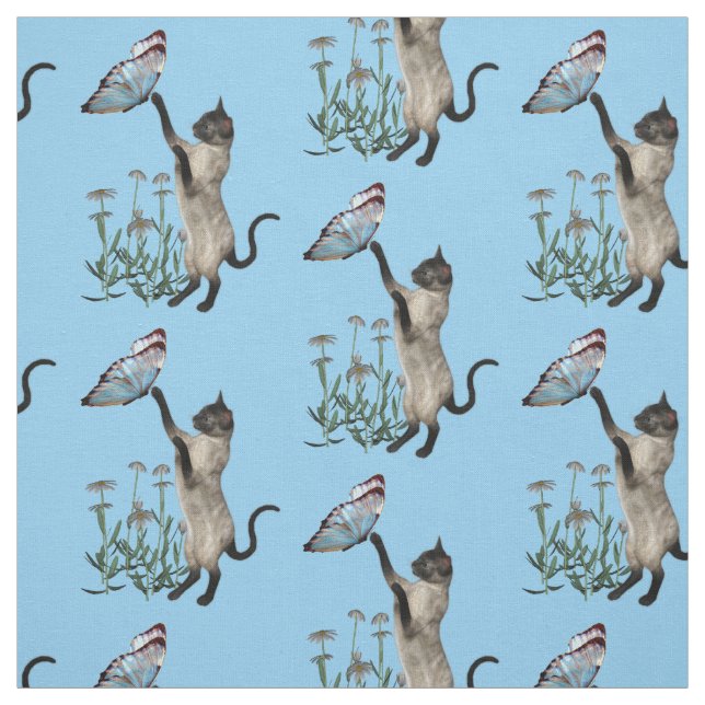 Siamese Cat With Blue Butterfly Animal Fabric (Swatch)