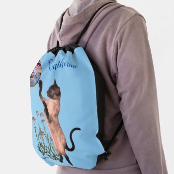 Siamese Cat With Blue Butterfly Personalized Drawstring Bag by SmilinEyesTreasures at Zazzle