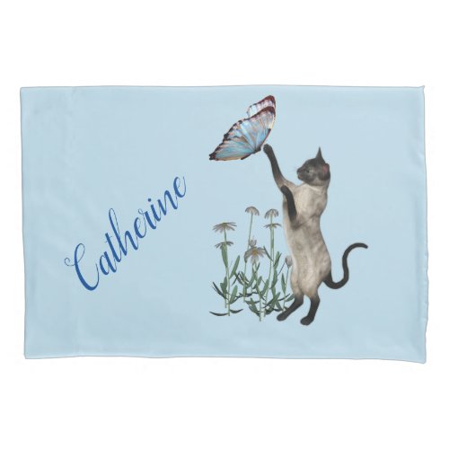 Siamese Cat With Blue Butterfly Personalized  Pillow Case