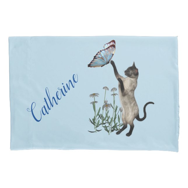 Siamese Cat With Blue Butterfly Personalized  Pillow Case (Front)