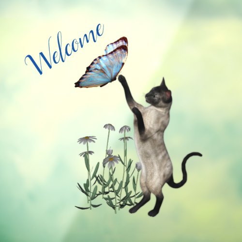 Siamese Cat With Blue Butterfly Welcome Window Cling