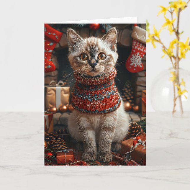 Siamese Cat With Christmas Gifts Fireplace Card (Yellow Flower)