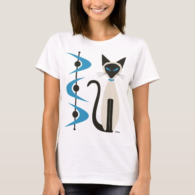 Siamese Cat with Mid Century Blue Boomerangs T-Shirt (Front)