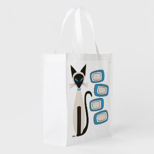 Siamese Cat with Mid Century Blue Oblongs Grocery Bag