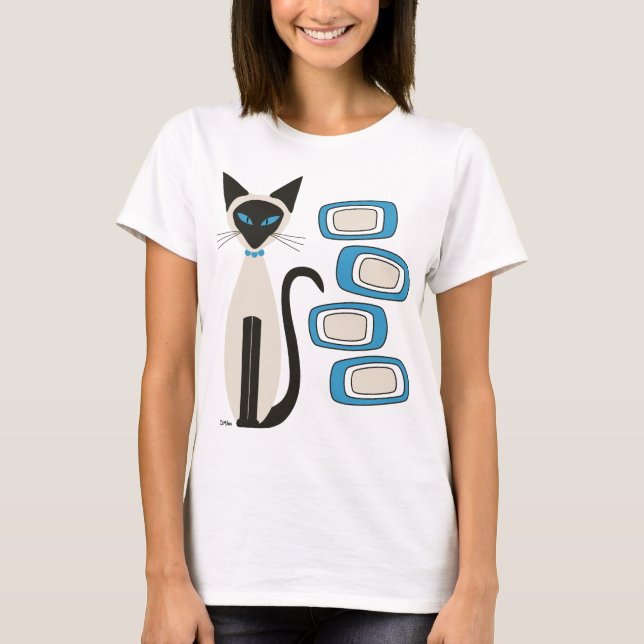 Siamese Cat with Mid Century Blue Oblongs T-Shirt (Front)