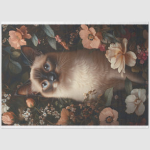 Siamese Cat with Pink Flowers Decoupage Tissue Paper