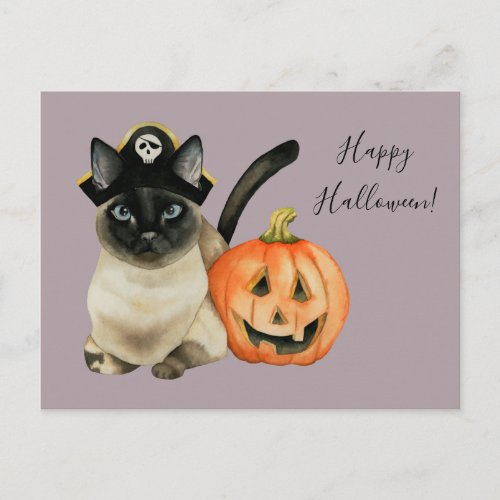 Siamese Cat with Pirate Hat  Happy Halloween Postcard