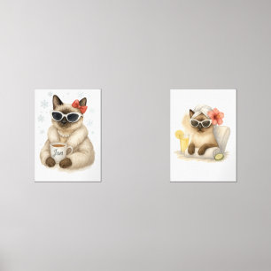 Siamese Cat with white Sunglasses drinking coffee Wall Art Sets