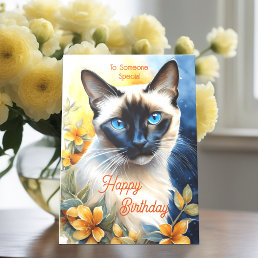 Siamese Cat with Yellow Orange Flowers Birthday Card