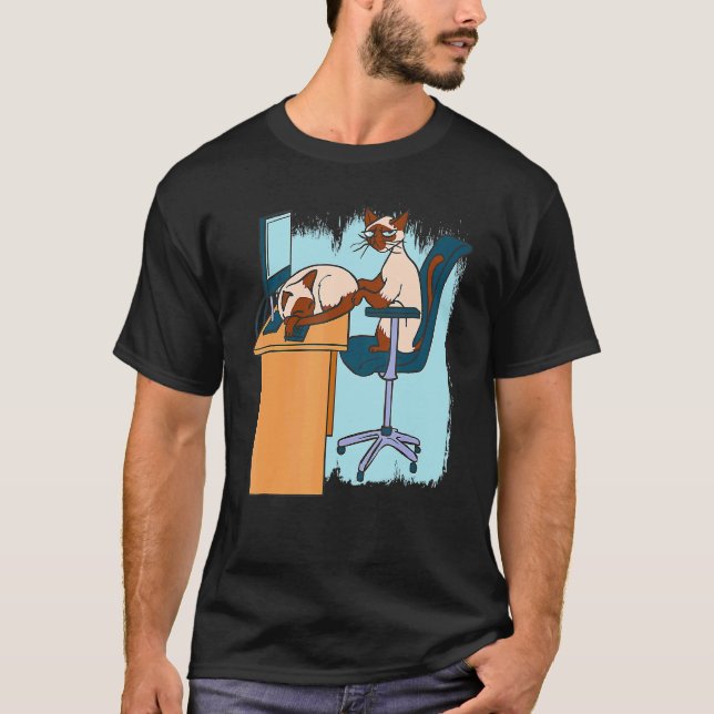 Siamese Cat Working Sleeping Computer Office T-Shirt (Front)