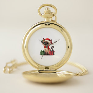 Siamese Cat Xmas Holiday Santa Siamese Cat Christm Pocket Watch