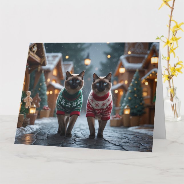 Siamese Cats Christmas Snow Holiday Card (Yellow Flower)