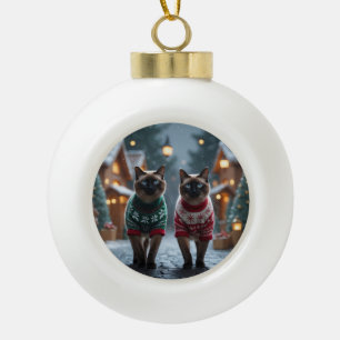 Siamese Cats Christmas Snow Holiday Ceramic Ball Christmas Ornament