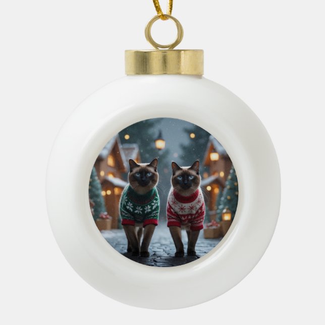 Siamese Cats Christmas Snow Holiday Ceramic Ball Christmas Ornament (Front)