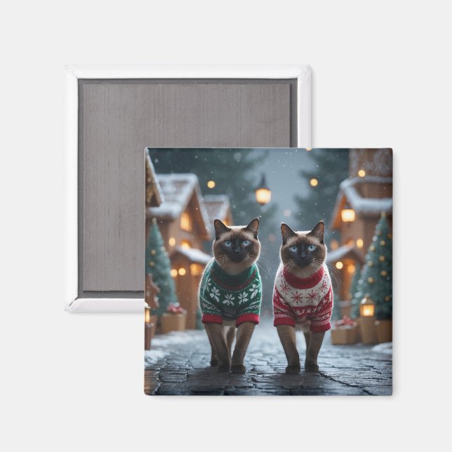 Siamese Cats Christmas Snow Holiday Magnet (Front/Back)
