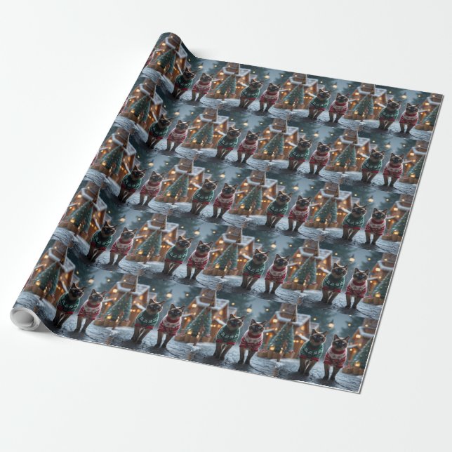 Siamese Cats Christmas Snow Holiday Wrapping Paper (Unrolled)