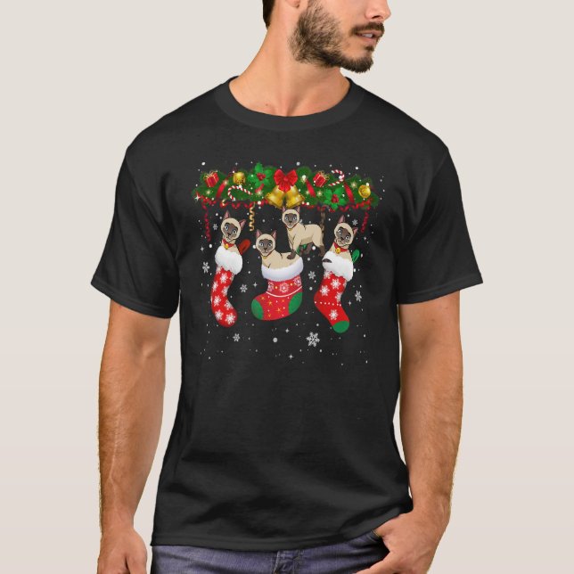 Siamese Cats In Christmas Sock Funny Siamese Cat L T-Shirt (Front)