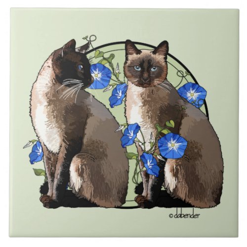 Siamese Cats with Morning Glories Tile