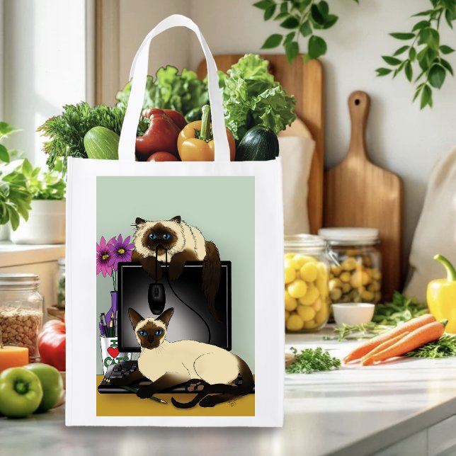 Siamese Computer Cats Mischief Grocery Bag (Creator Uploaded)