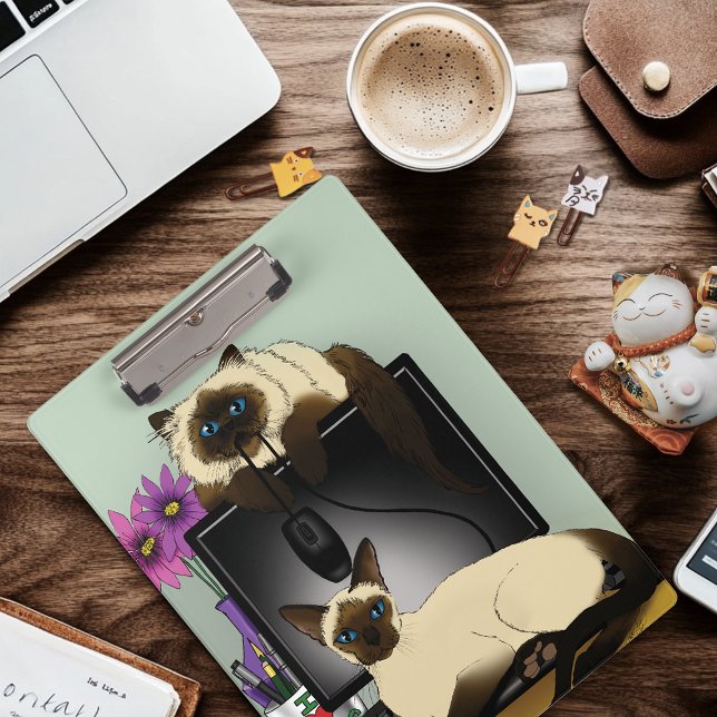 Siamese Computer Office Desk Cats Funny Mischief Clipboard (Creator Uploaded)