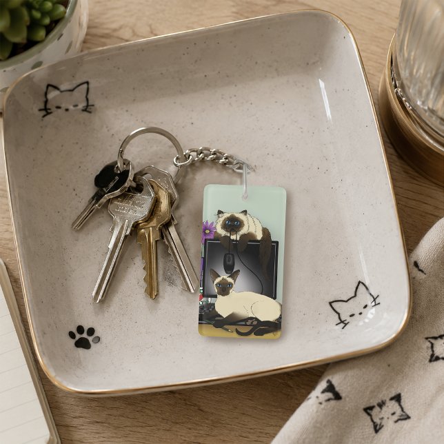 Siamese Computer Office Desk Cats Funny Mischief Keychain (Creator Uploaded)