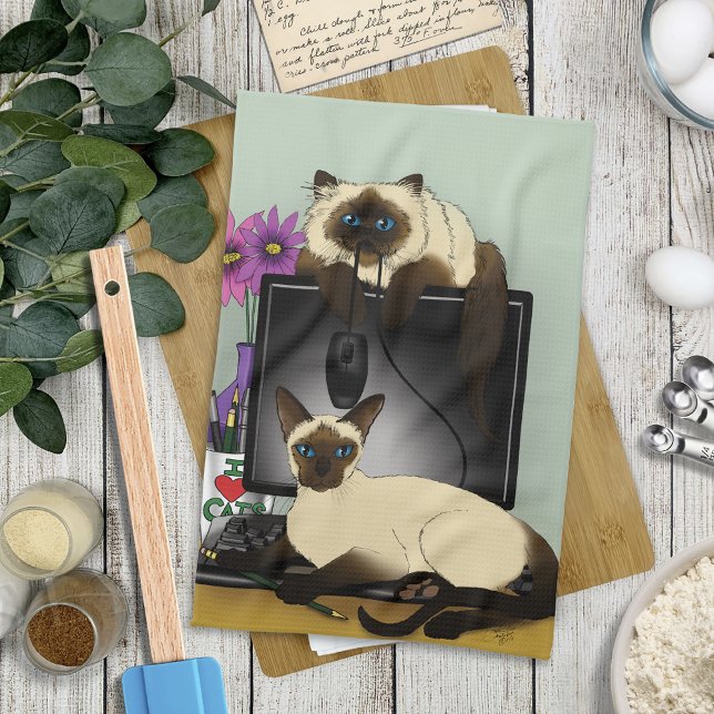 Siamese Computer Office Desk Cats Funny Mischief Kitchen Towel (Creator Uploaded)