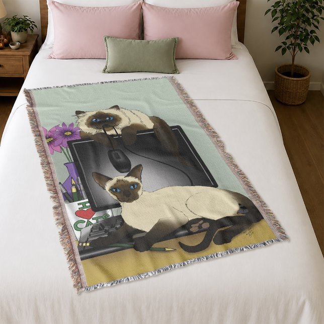 Siamese Computer Office Desk Cats Funny Mischief Throw Blanket (Creator Uploaded)