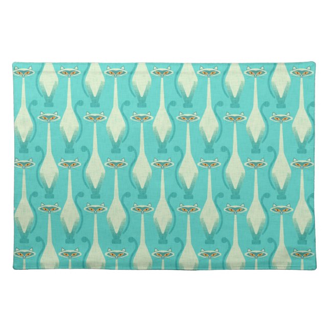 Siamese curious cat - turquoise and orange cloth placemat (Front)