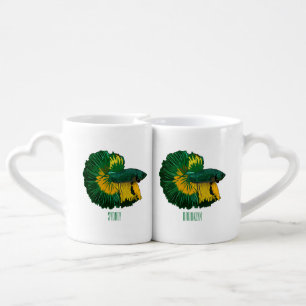 Siamese fighting fish cartoon illustration coffee mug set