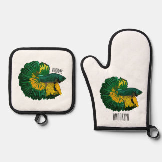 Siamese fighting fish cartoon illustration oven mitt & pot holder set