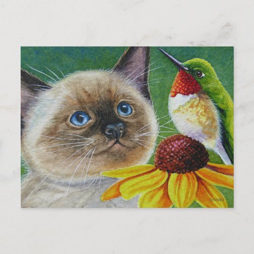 Siamese Kitten  Hummingbird Watercolor Art Postcard