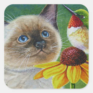 Siamese Kitten & Hummingbird Watercolor Art Square Sticker