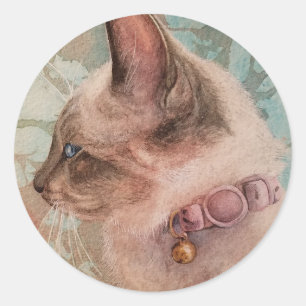 Siamese Kitten Pink Collar Watercolor Art Classic Round Sticker
